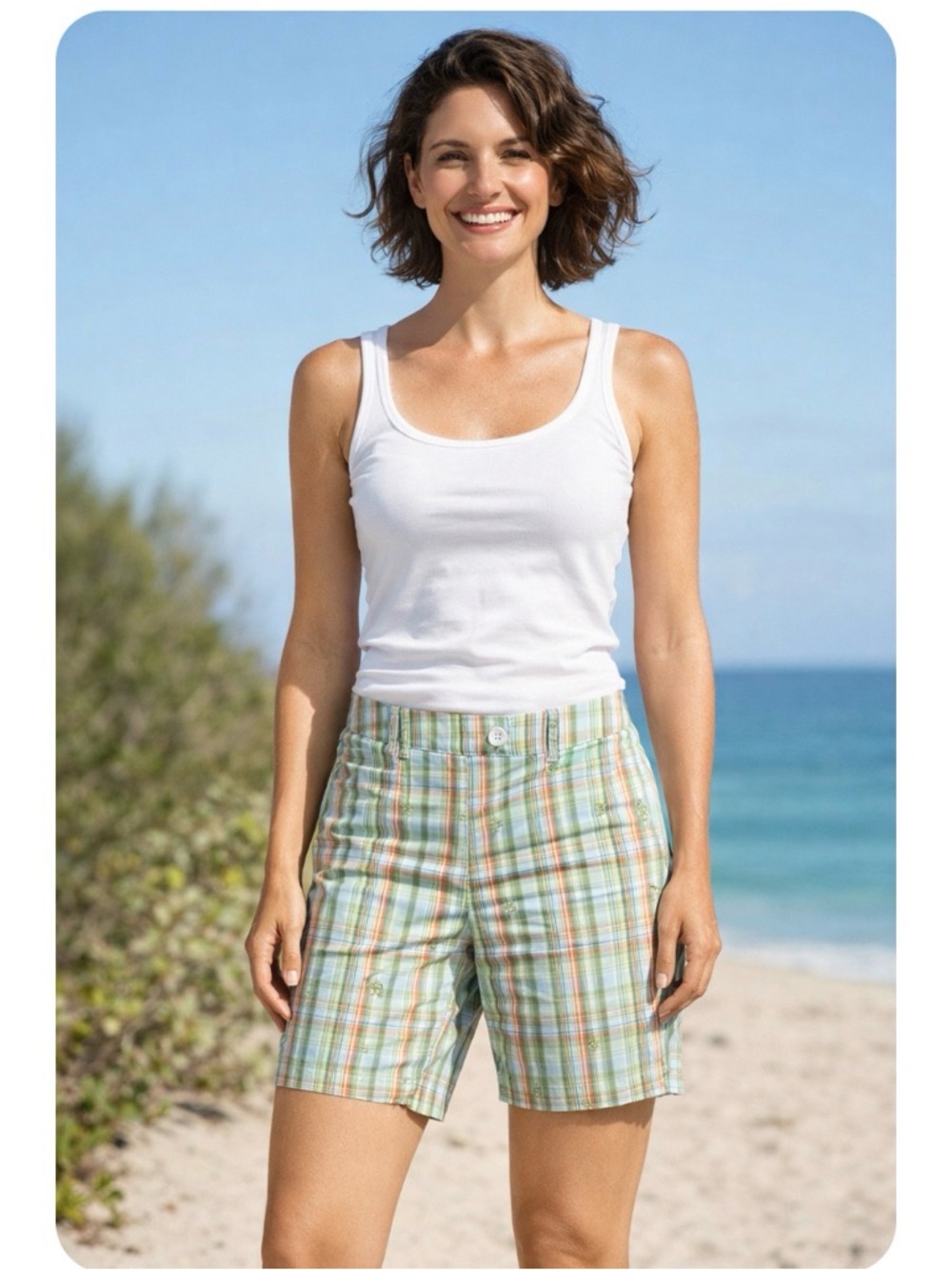 Izod Flex Women's Flat Front Plaid Bermuda Shorts Size 6